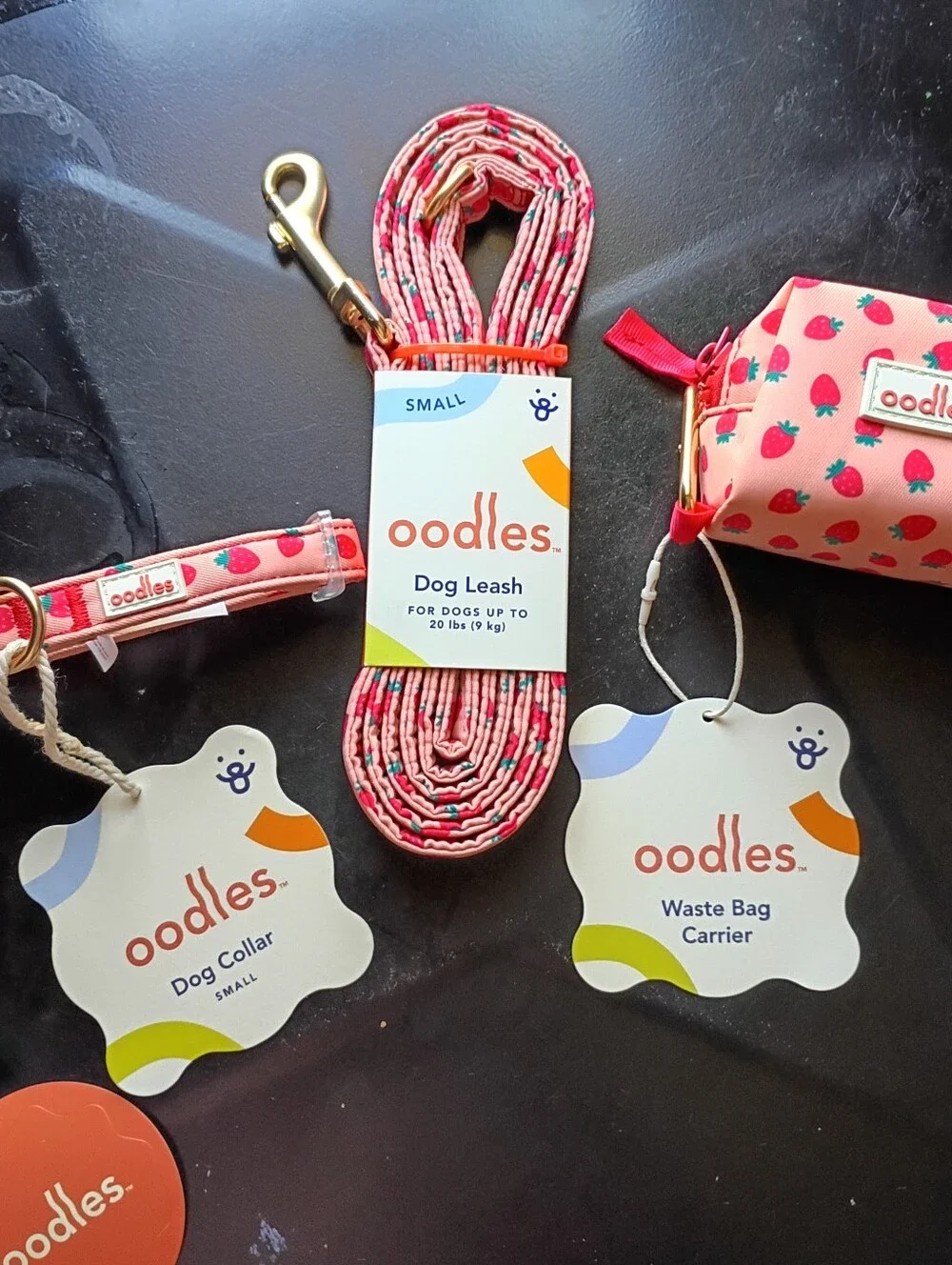 Oodles Pink Strawberry Pet Walking Set - Collar Leash Dispenser - Small